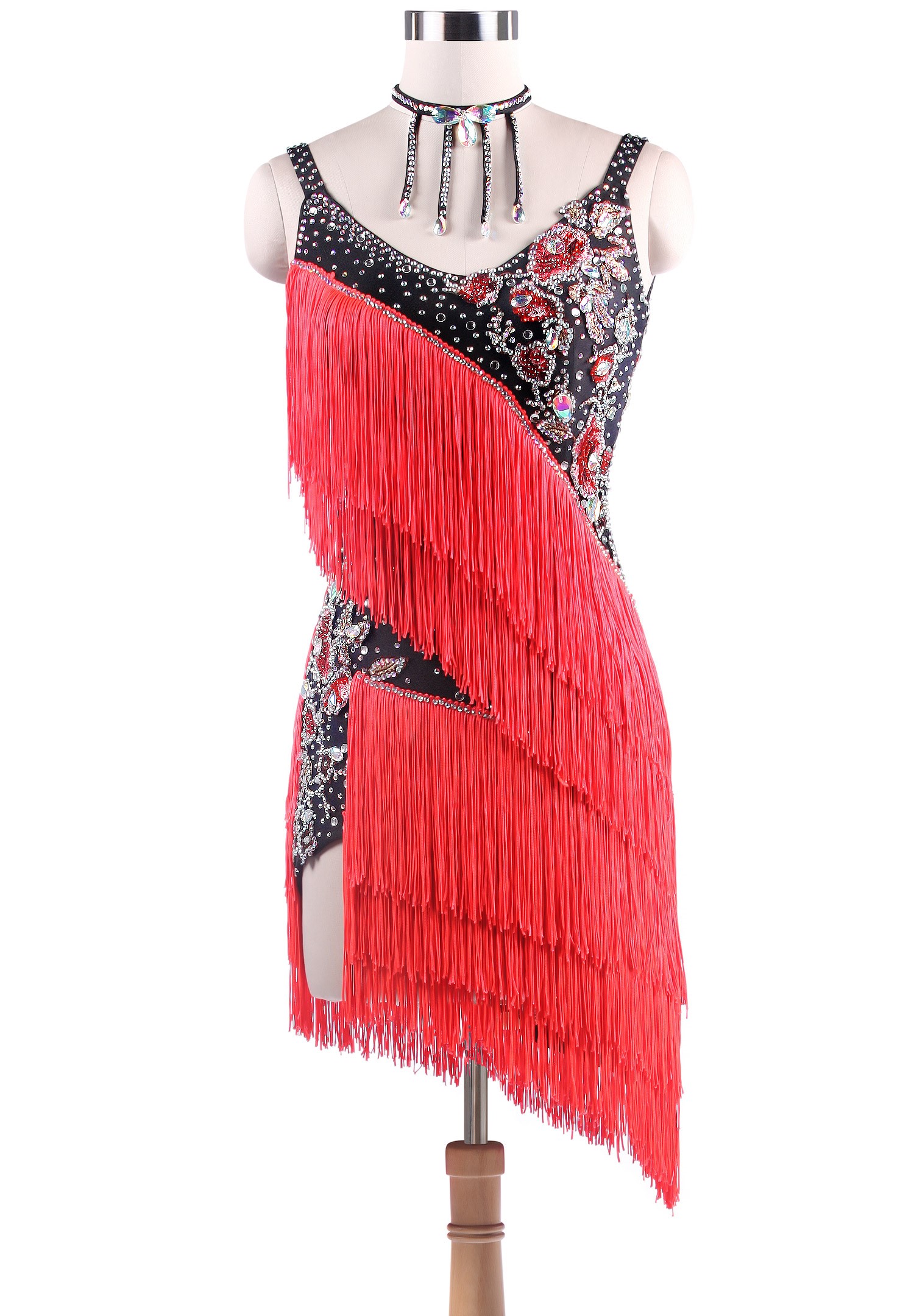 Floral Applique Diagonal Fringe Latin Competition Dress L5234