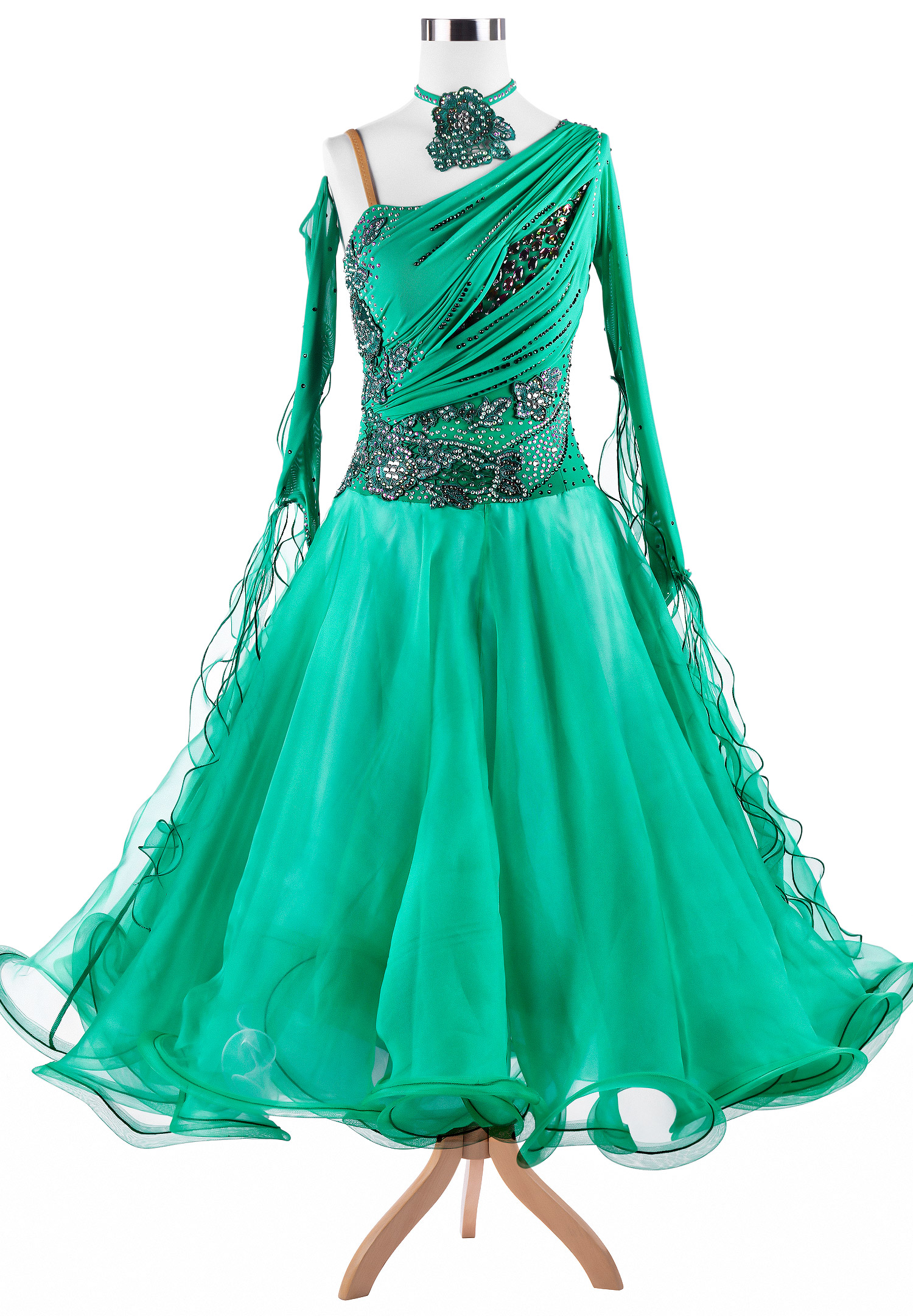 Glamorous Floral Applique Ruched Ballroom Competition Dress A5277