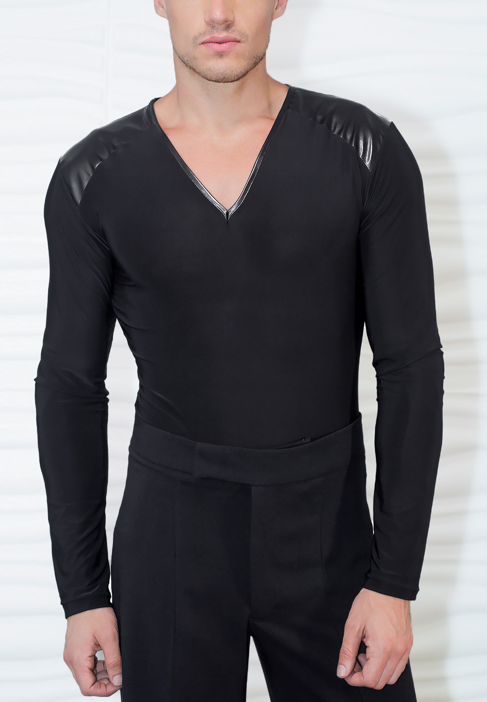 Dance America Mens VNeck Bodysuit with Leatherette Shoulder MS36