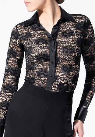 Armando Ladies Collared Dance Body Shirt 00146-Black Flowery Lace