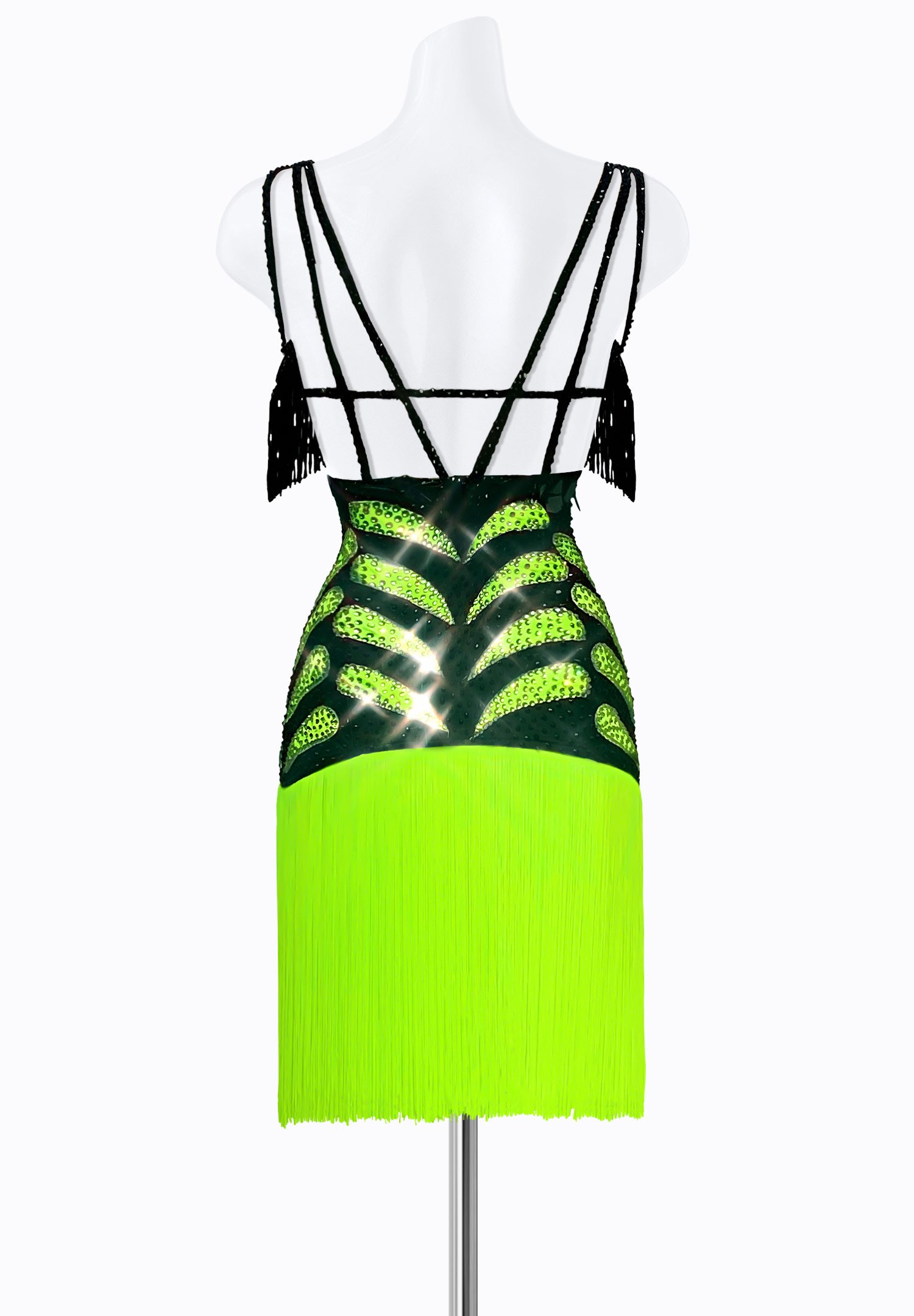 green emerald velvet dress Neon Green Girls Latin Dance Dress Fringe Romper: Kids Cha Cha Leotard  Professional Competition & Performance Outfit – Moderndancedress.com main image 1