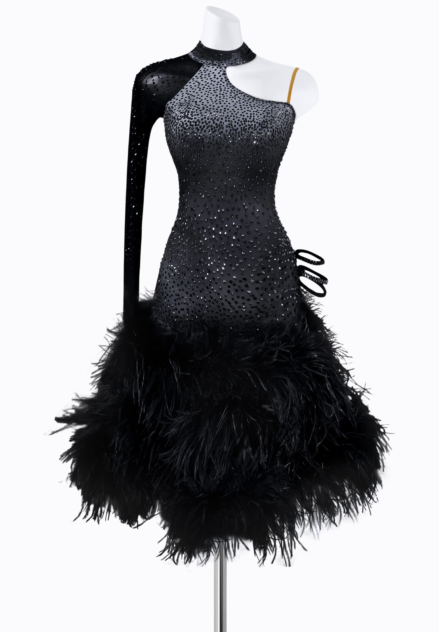 black tie wedding dresses plus size Mesh Off The Shoulder Gown With Feathers in Black Black main image 1