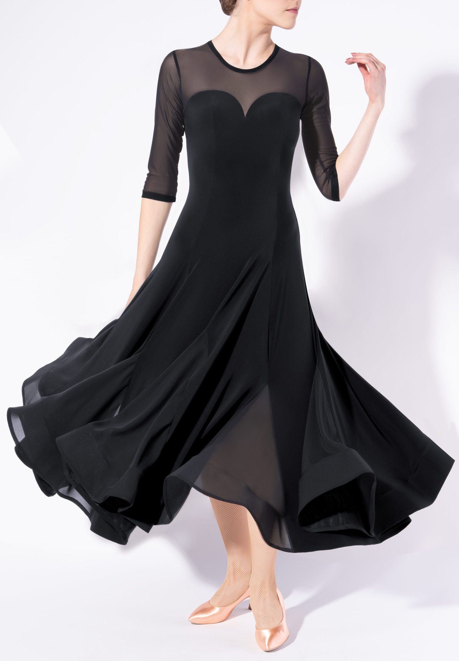 prom dress mesh top Straps Black Mesh Cutout Sequined Layered Long Prom Dress Black / 6