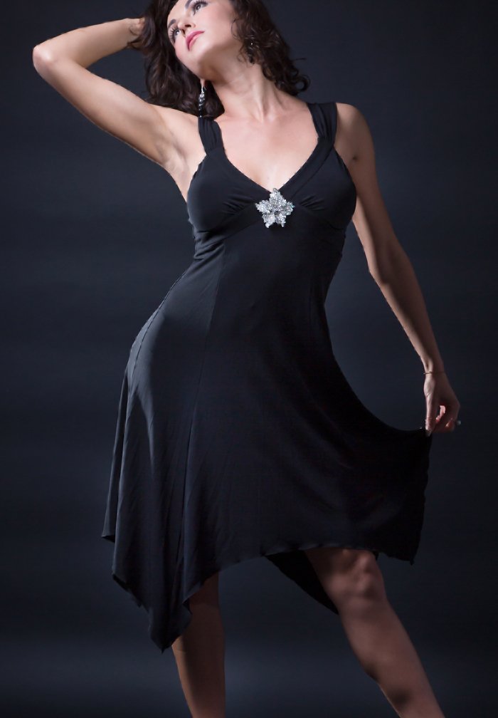 black salsa dress Anya featuring elegant long fringe for dramatic movement Santoria Saglos Salsa Dress DR7060