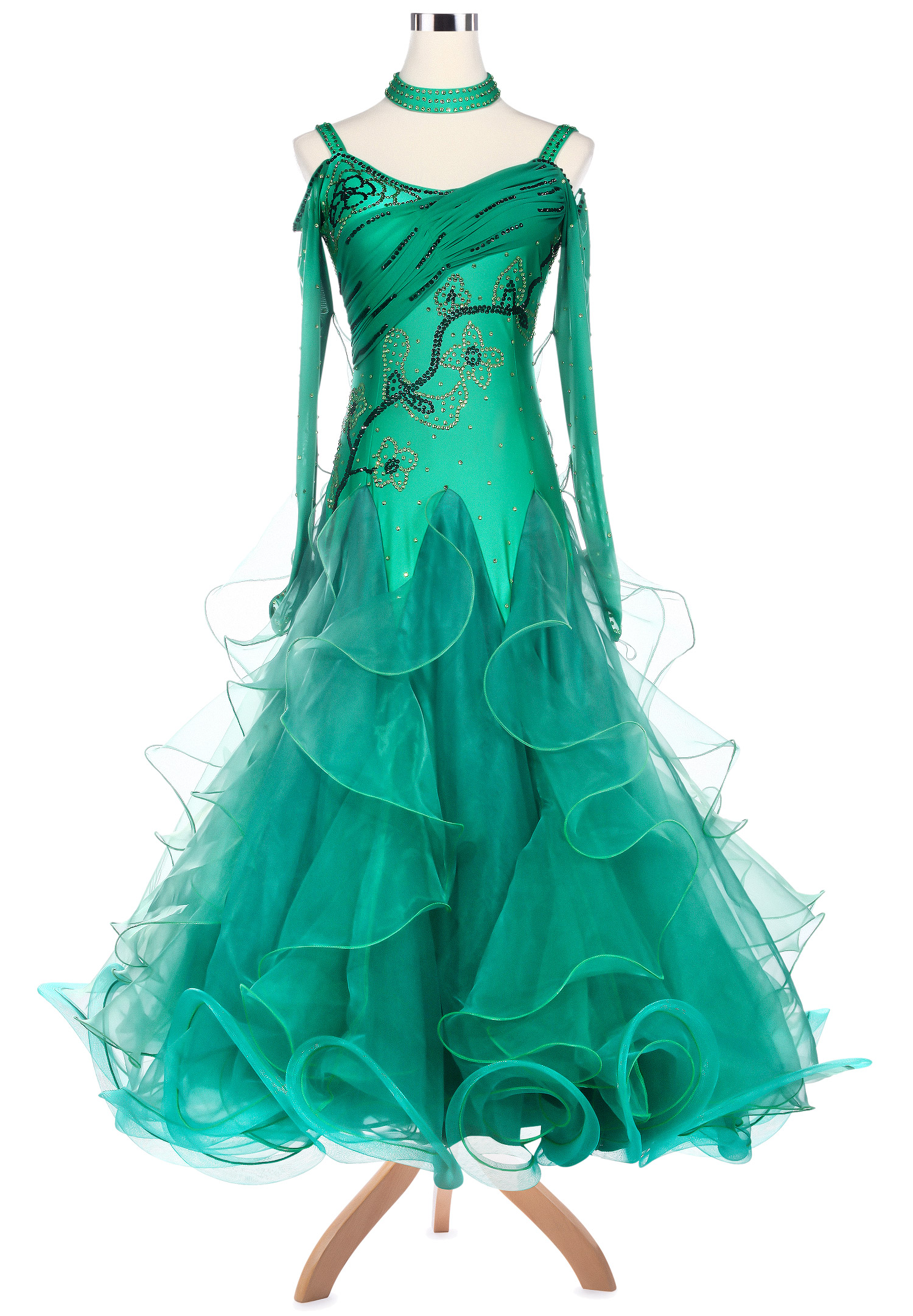 Diagonal Floral Sparkle Puffy Ballroom Dance Competition Dress VN-A5194