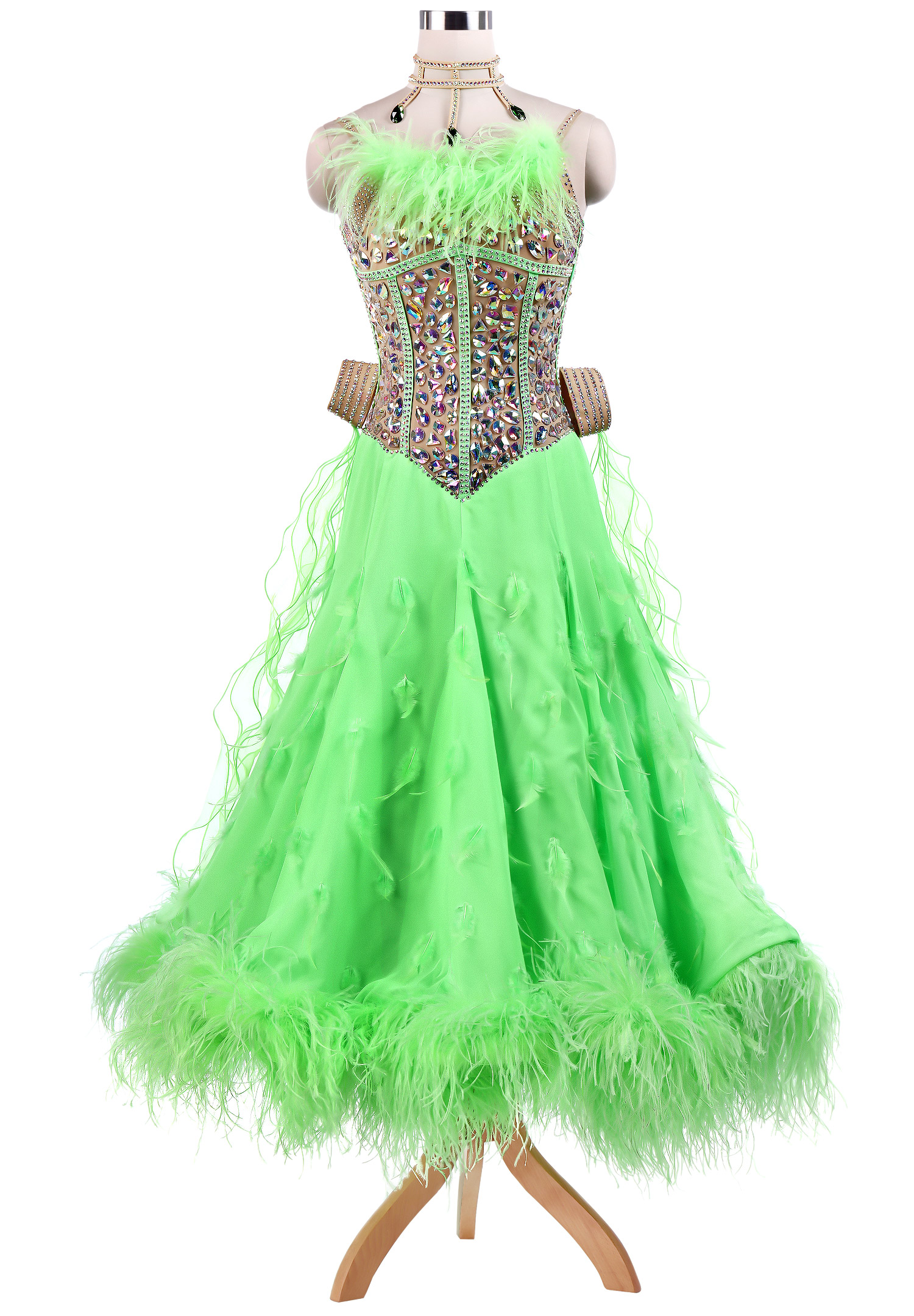 Feathered Colorblock Ballroom Smooth Dance Dress VN-A5222