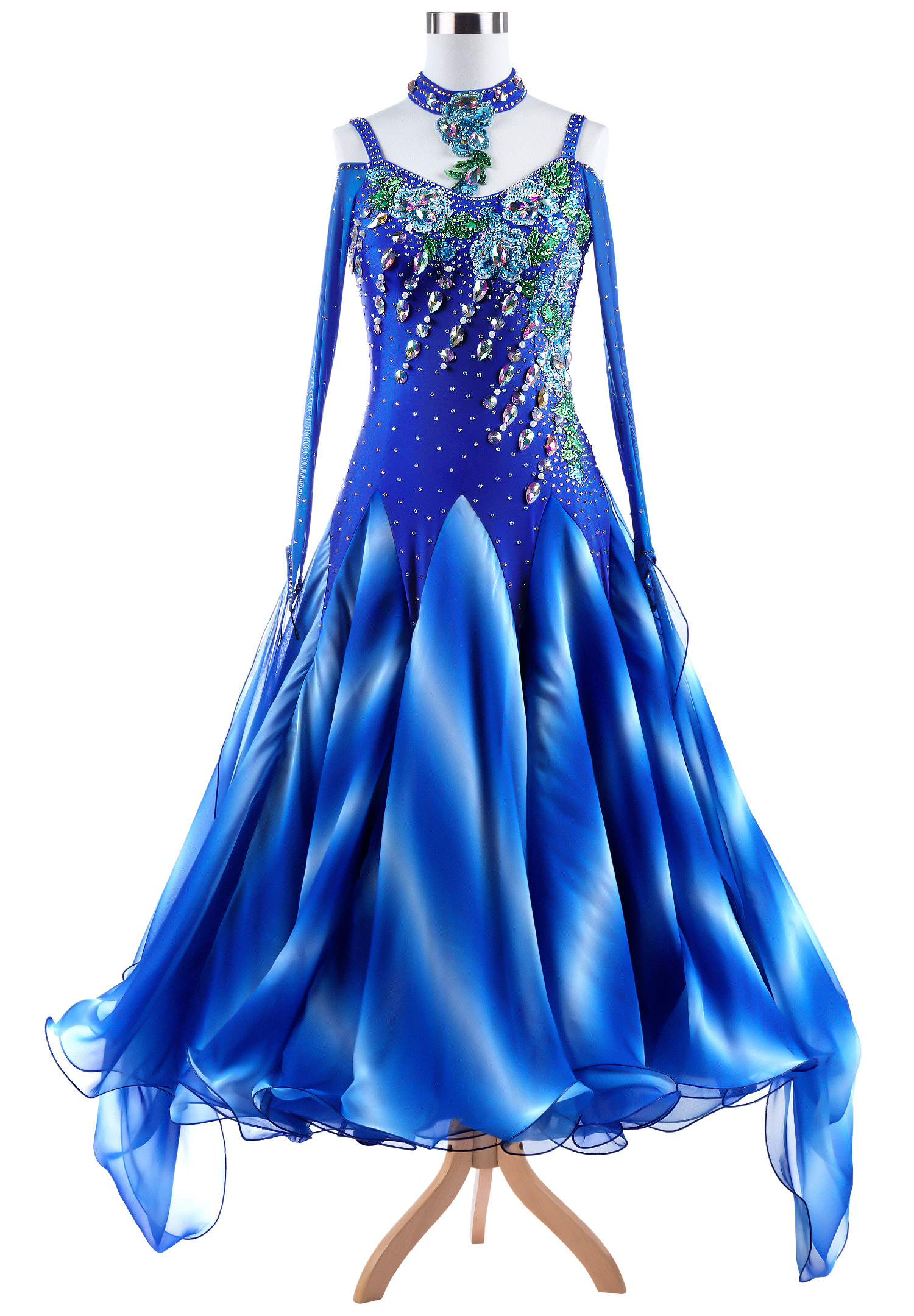 Floral Embroidery Ombre Godet Ballroom Competition Dress VN-A5289