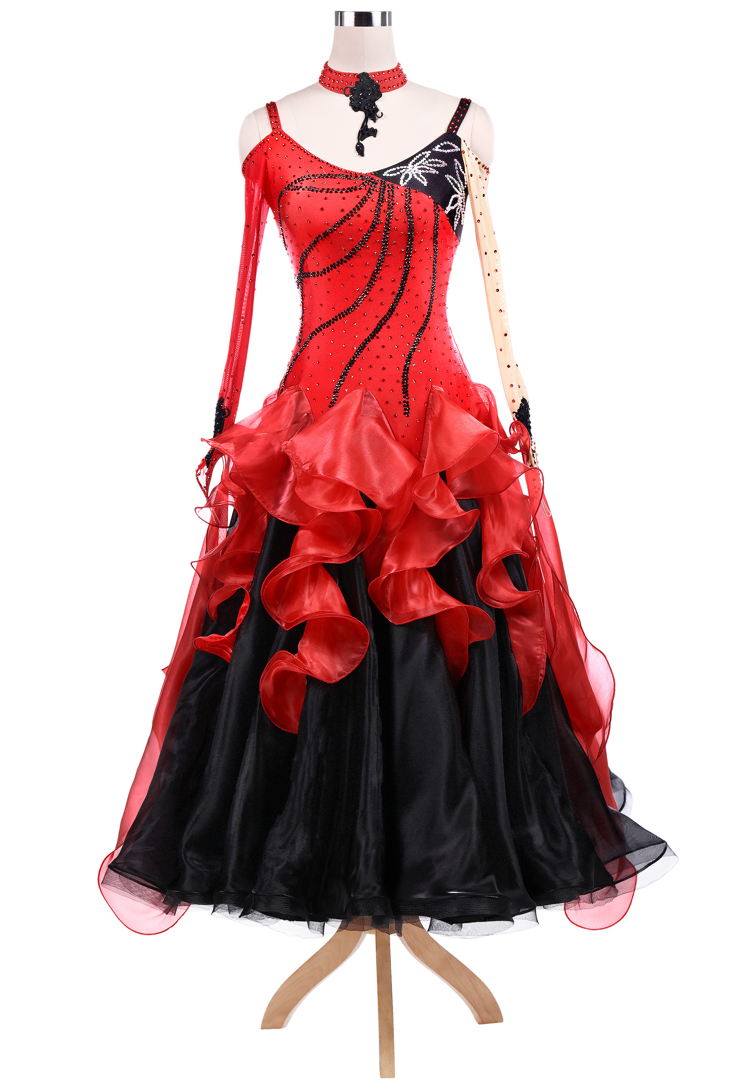 Gleamy Swirling Frills Colorblock Ballroom Competition Dress VN-A5247