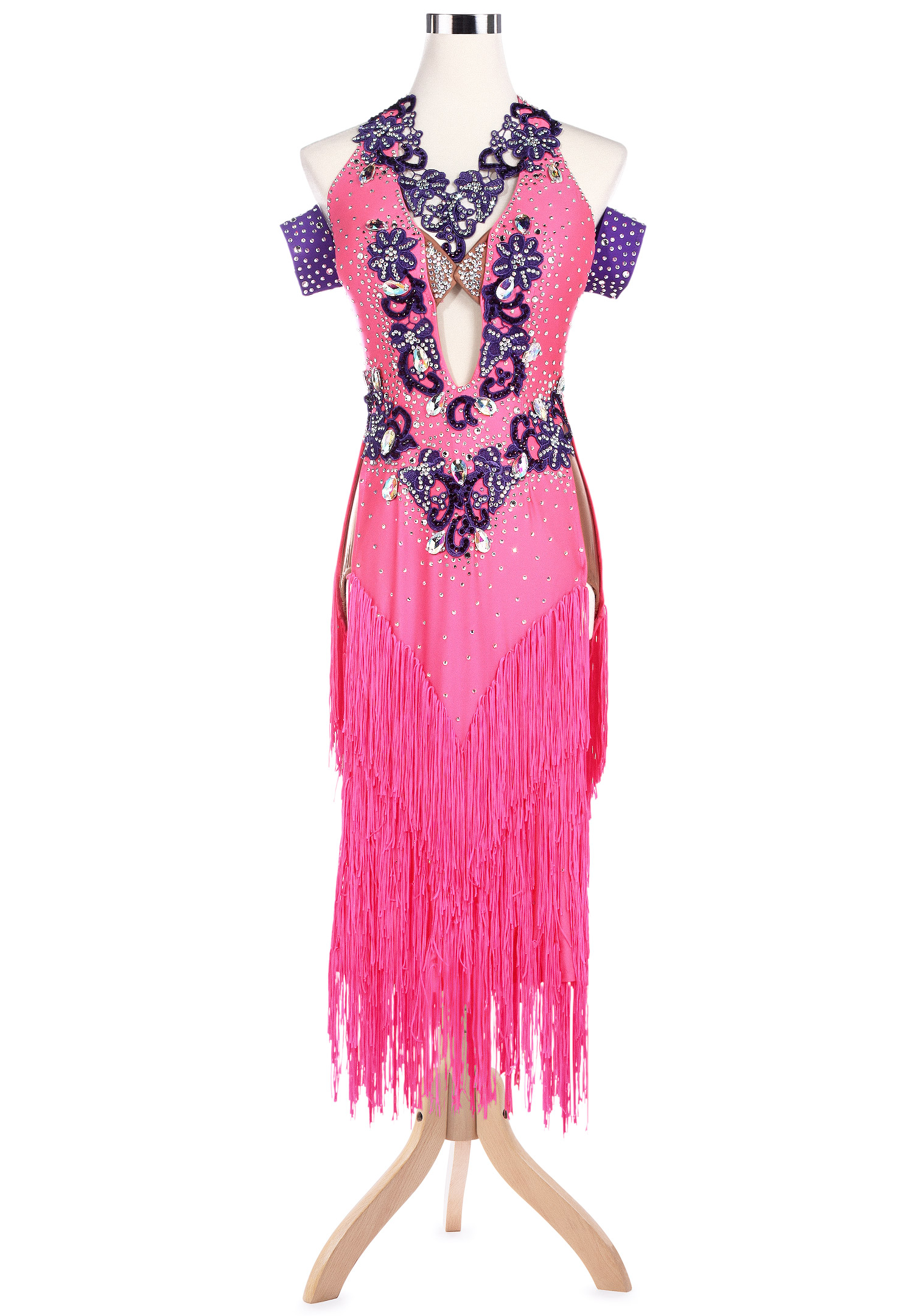 Plunging Floral Applique Cascading Fringe Latin Rhythm Dress VN-L5203