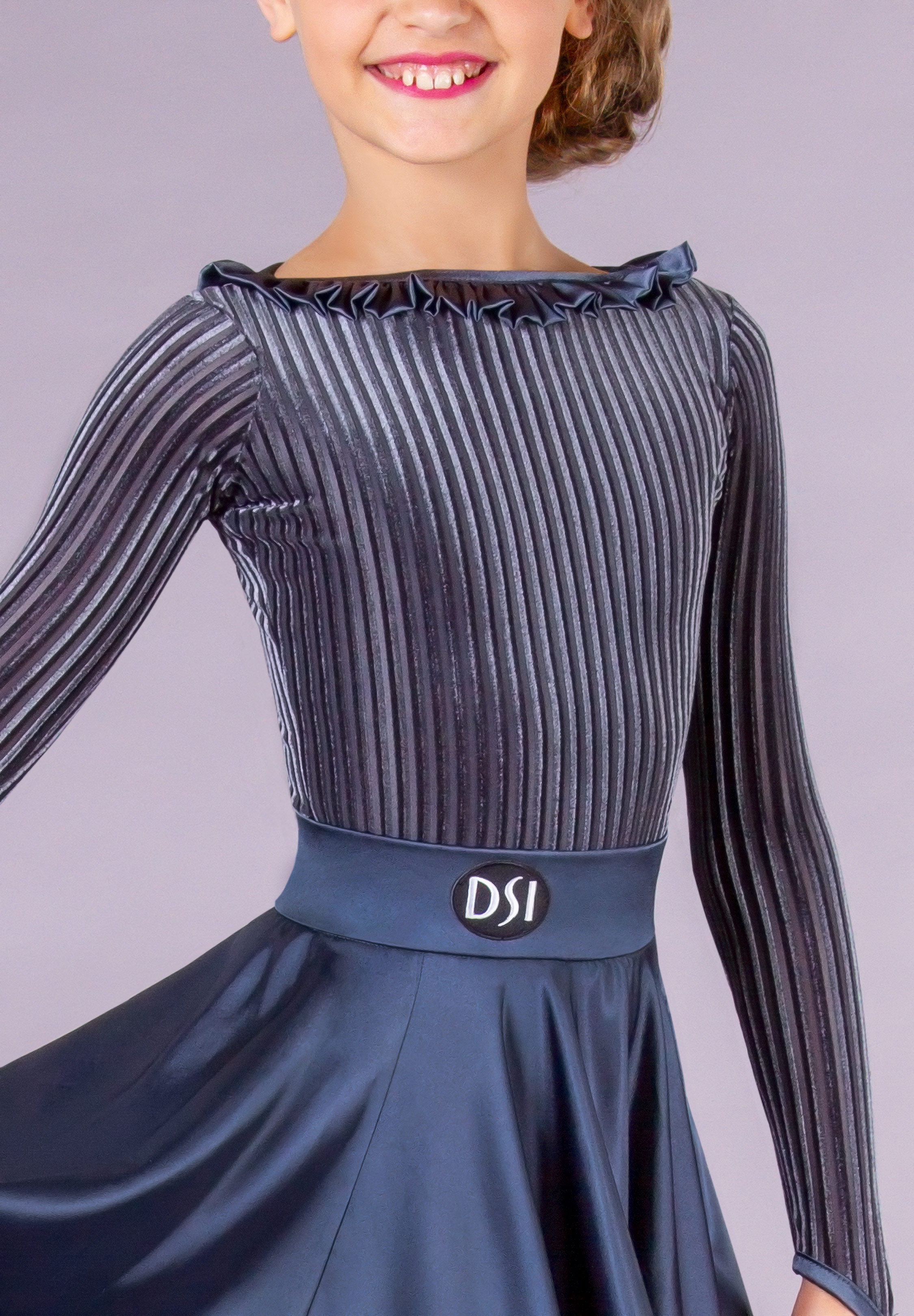DSI Juvenile Satin Frill Neck Leotard 1099-Hematite Riga Striped Velvet