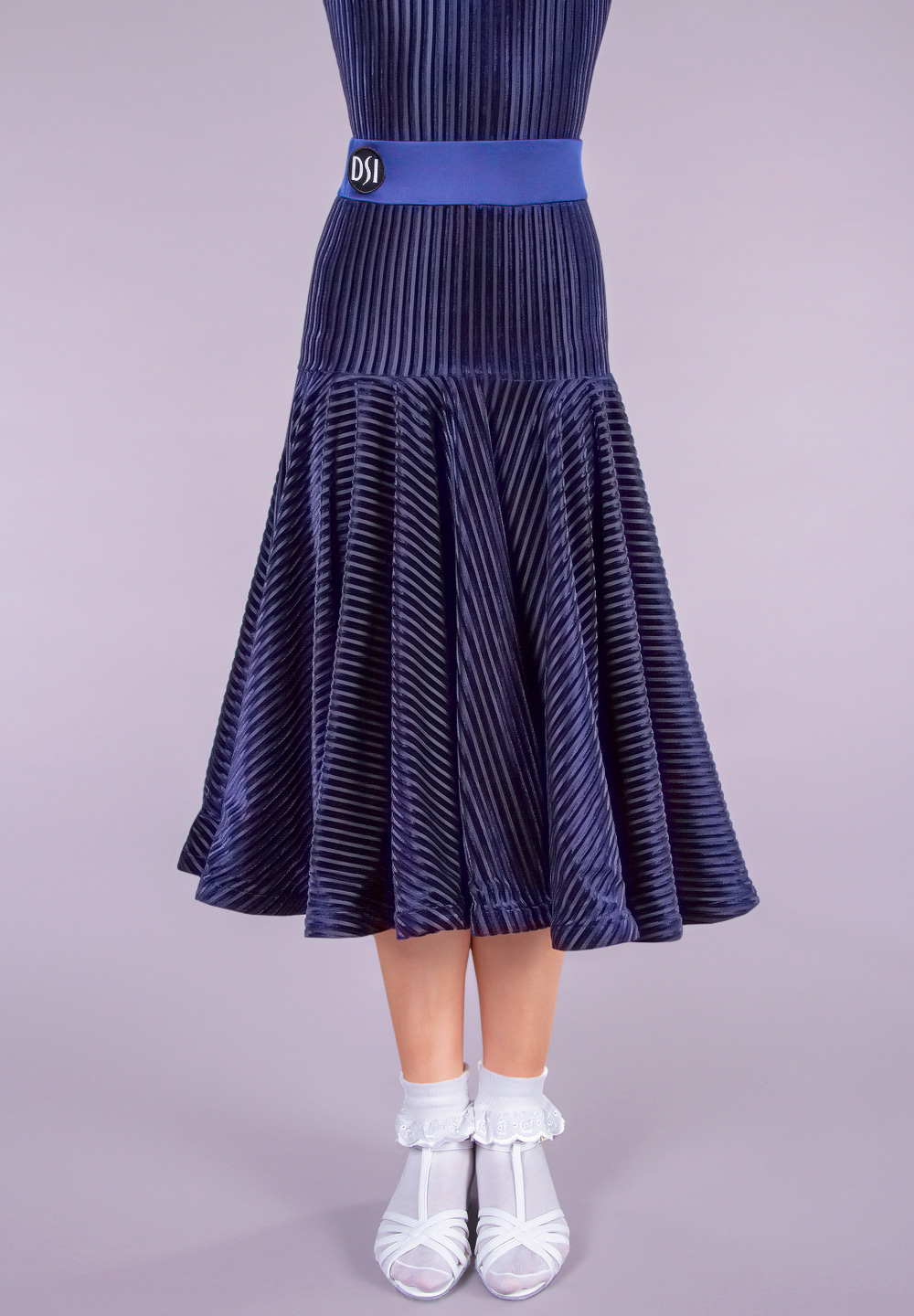 DSI Leah Juvenile Dance Skirt 1084-Ocean Blue Riga Striped Velvet