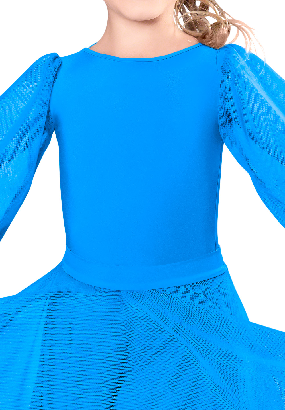 Dance America JR-B3 - Girls Dance Bodysuit With Mesh Sleeves-Blue
