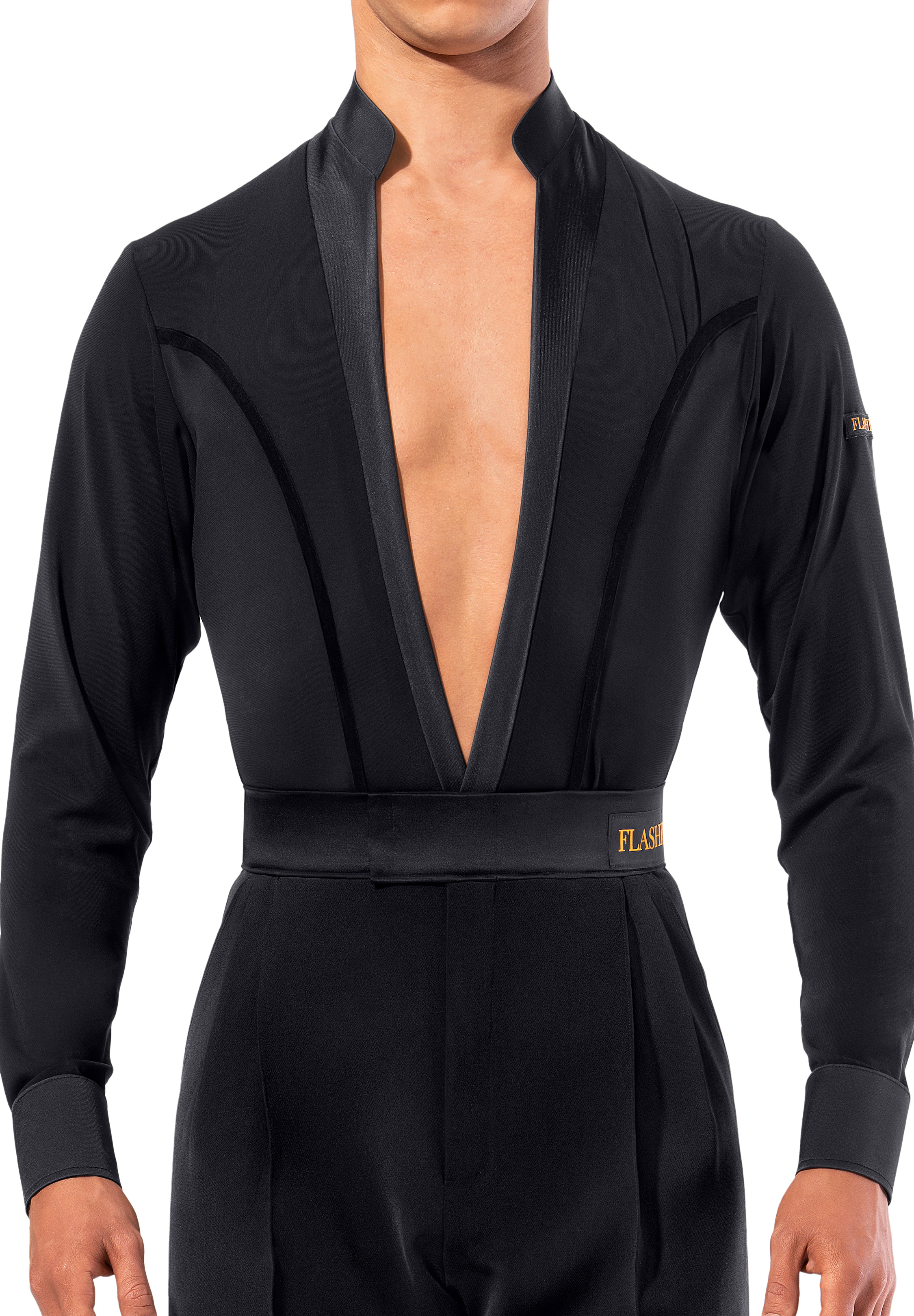 Flashdance Mens Latin Shirt 1113-Black Crepe/Black Net