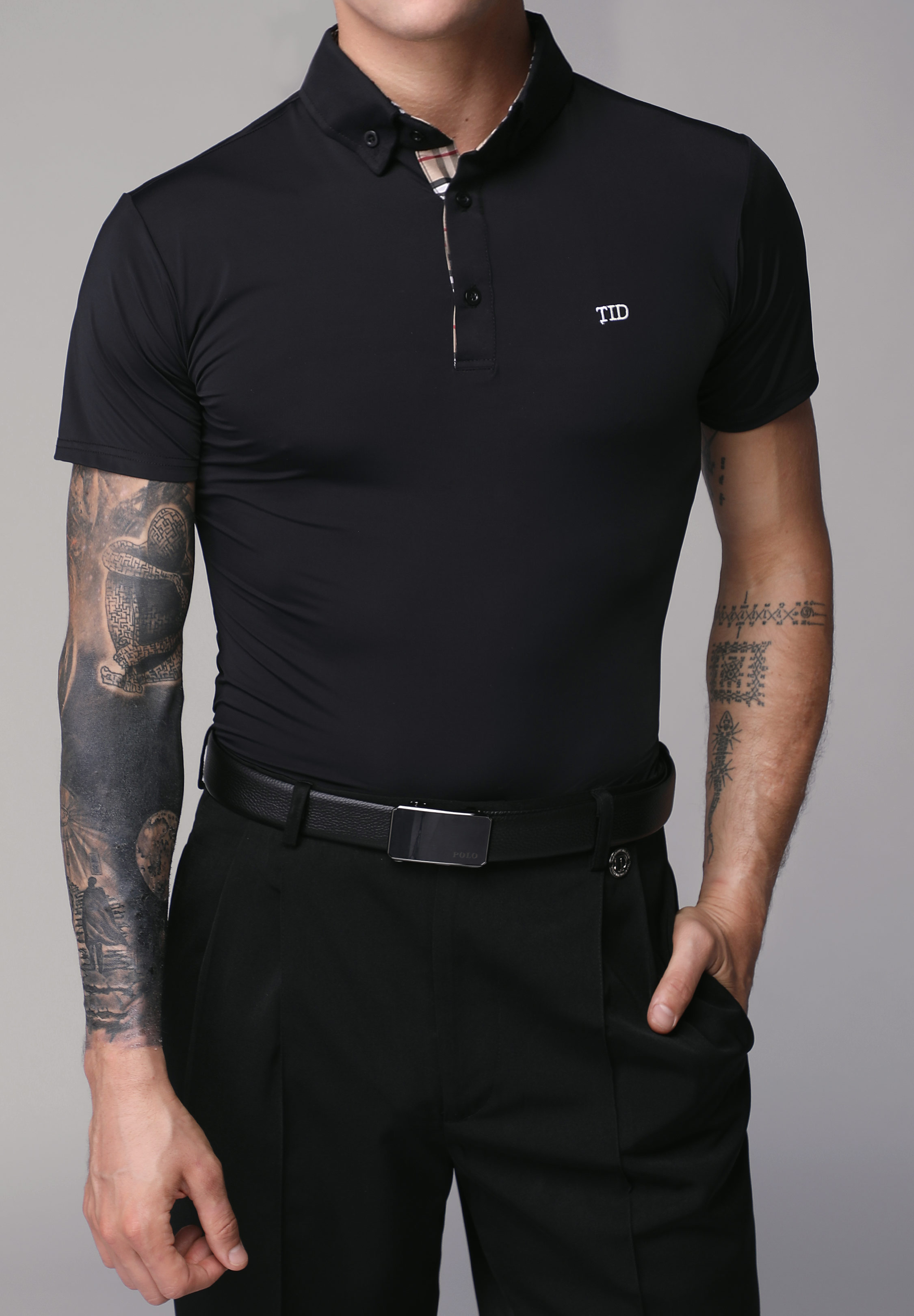 TID Mens Polo with Plaid Collar Top-Black