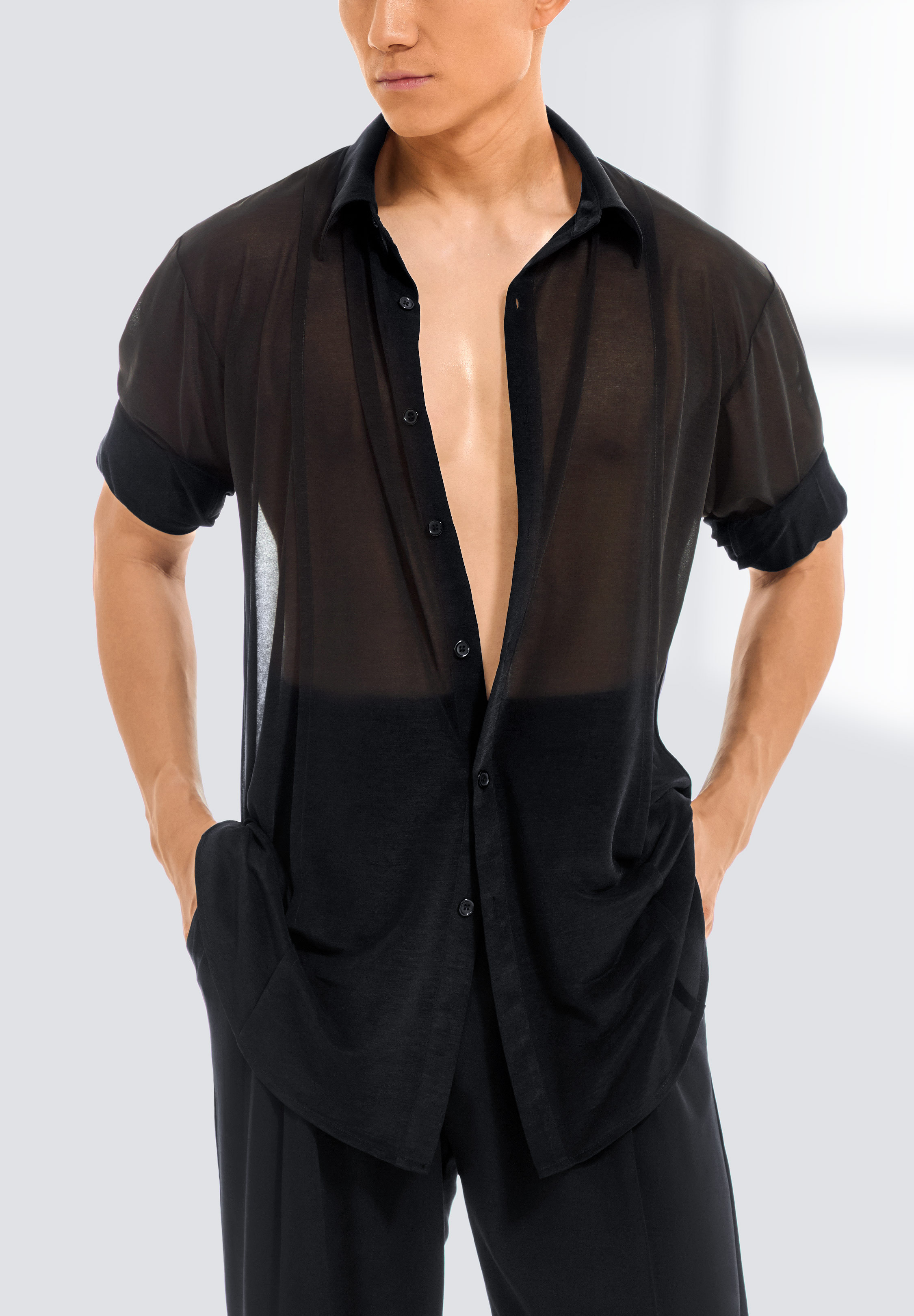 TDANCE Men’s Sheer Long Sleeve Shirt BS-0040-Black