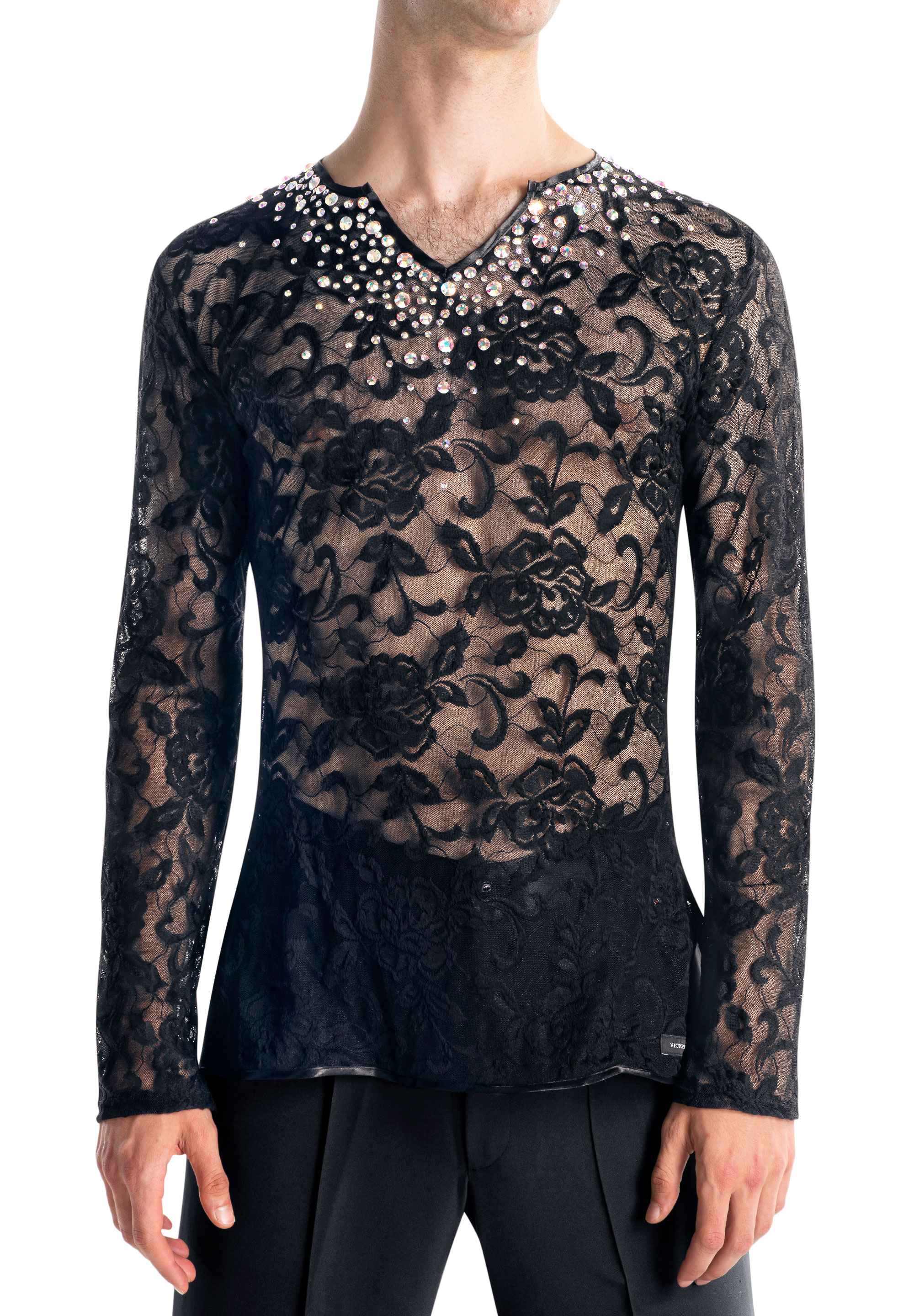 Victoria Blitz Mens Rhinestone Lace Latin Shirt Como-Black