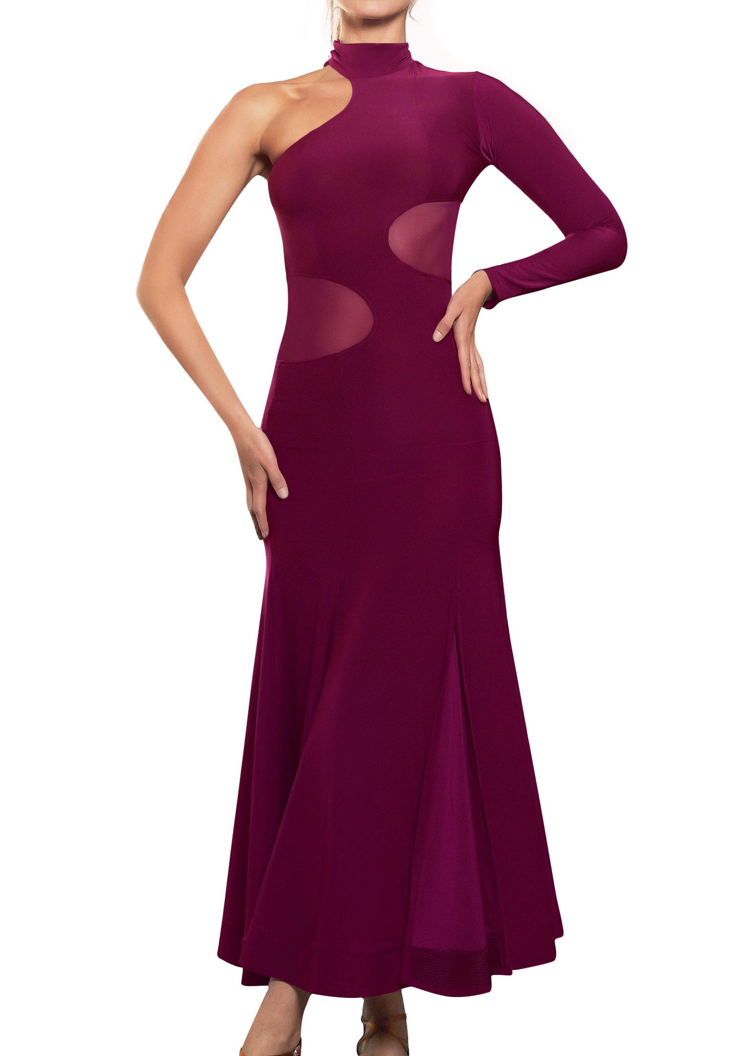 Dance America D2451 - Long Cutout Smooth Dress with Mesh Insets-Wine