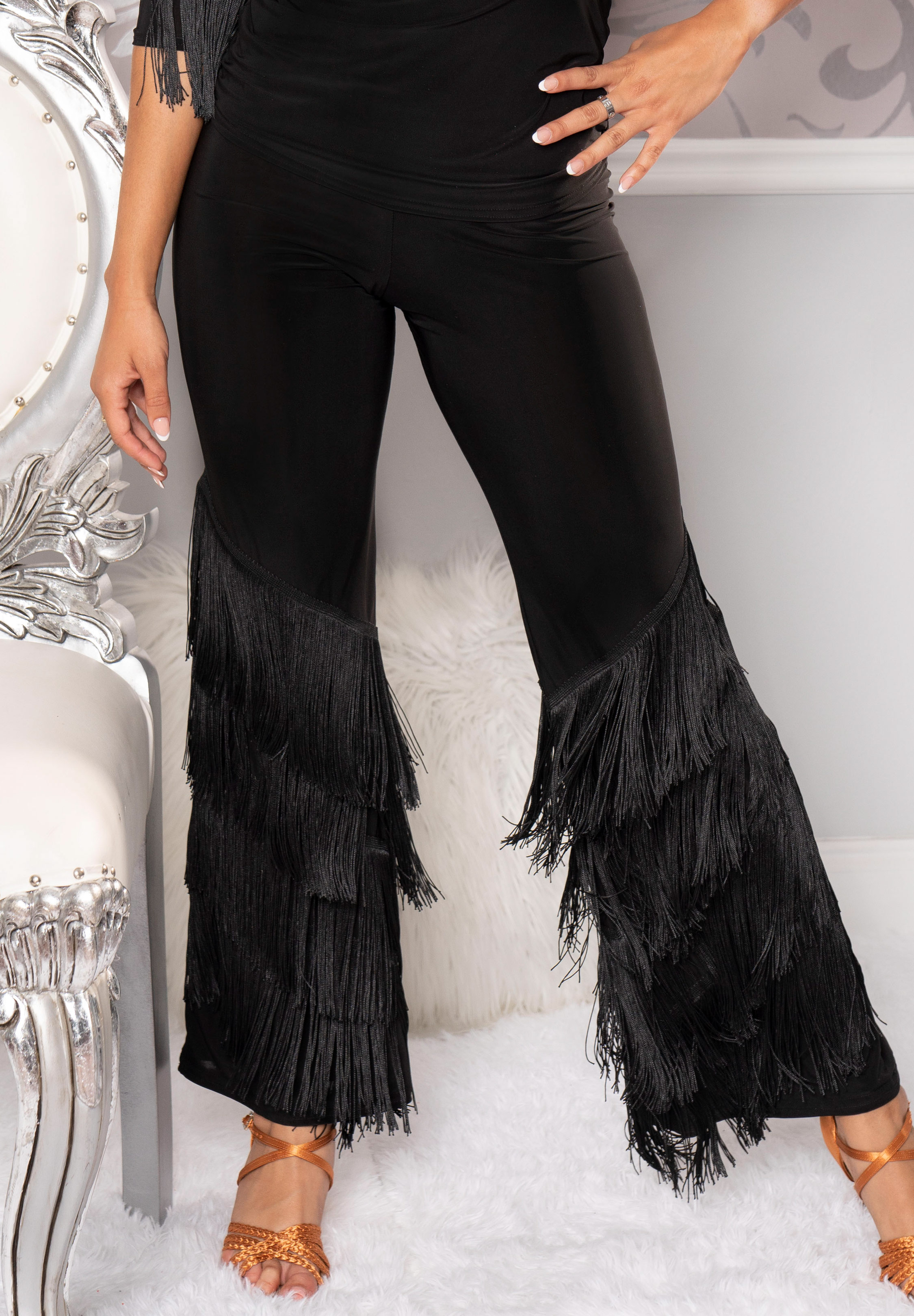 Dance America P204 - Diagonal Fringe Pants-Black