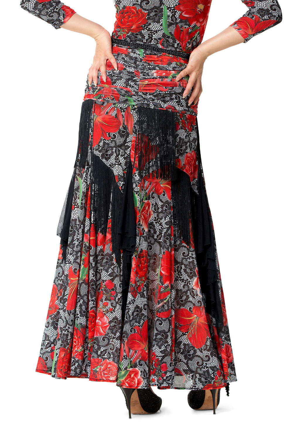 Espen Luisa Ballroom Dance Skirt ES17L2-Print Net/Black Fringe