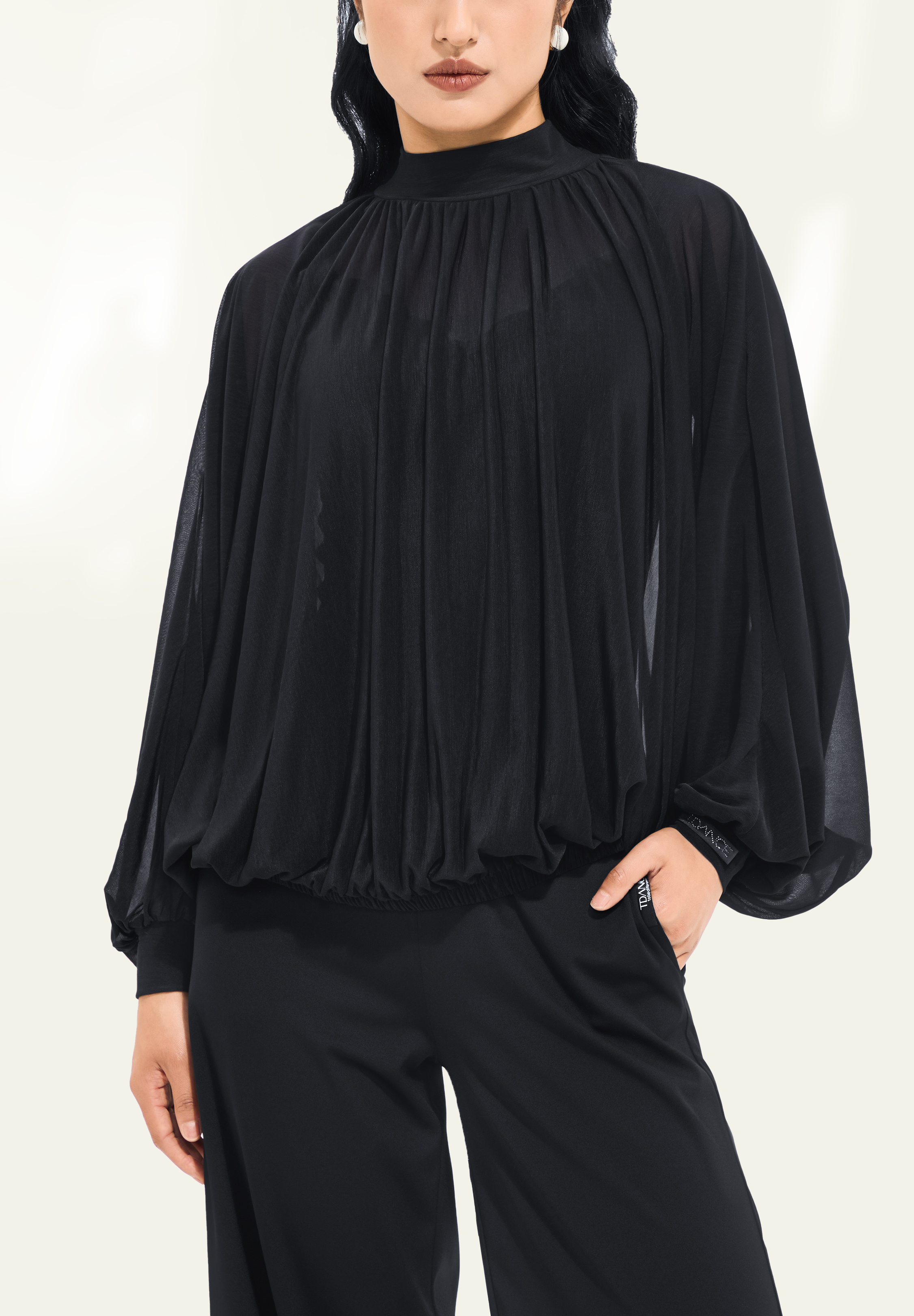 TDANCE Semi-Sheer Lace Batwing Top JM-0105-Black Sheer