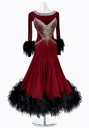 Bordeaux Feather Ballroom Gown AMB3123