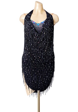 Draped Neck Beaded Latin Fringe Gown PCWL19028