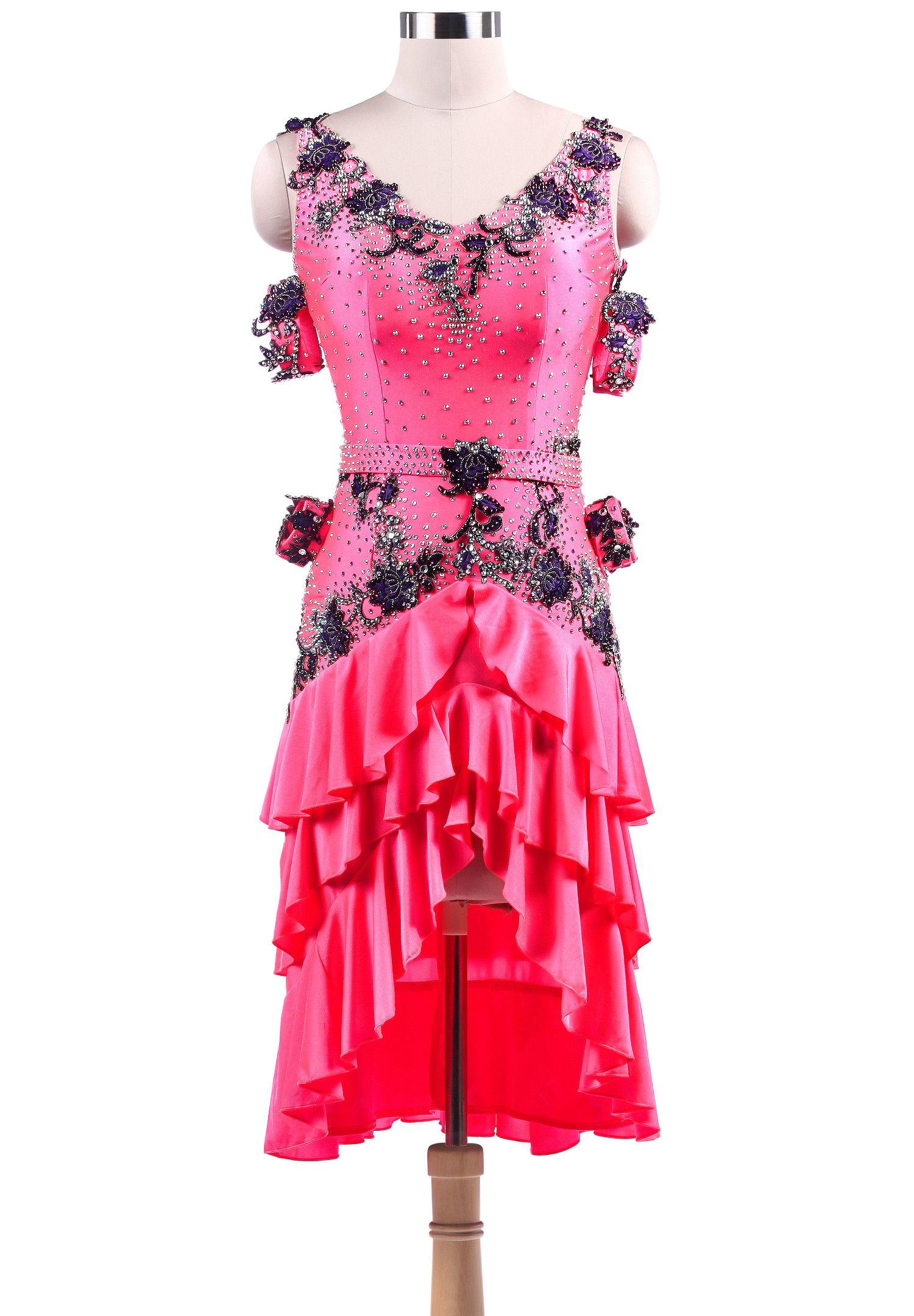 Dreamy Floral Applique Triple Layer Ruffle Latin Rhythm Dress VN-L5235