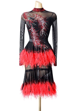 Feather Peplum Sheer Latin Dance Gown PCWL19021