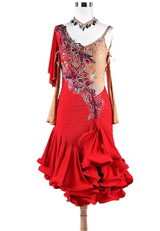 Fiery Diagonal Applique Ruffled Latin Dance Competition Dress L5242