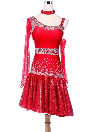 Fiery Sparkle Sequined Hem Asymmetrical Latin Dance Dress L5228