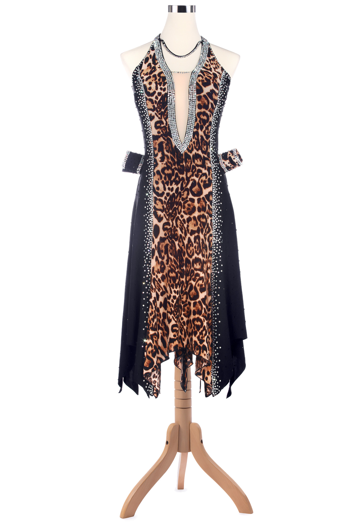 Flattering Leopard Plunging Halter Neck Latin Rhythm Dress VN-L5213