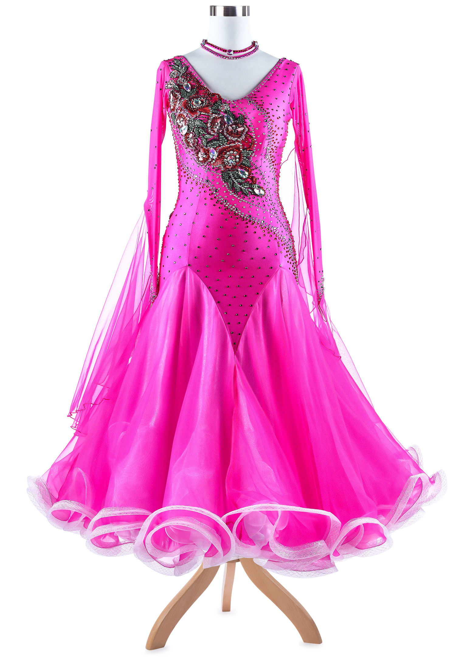 Floral Embroidery Edge Fluffy Ballroom Competition Dress VN-A5324