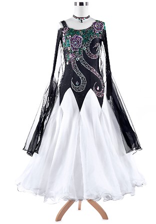 Floral Embroidery Phoenix Tail Colorblock Ballroom Competition Dress A5273