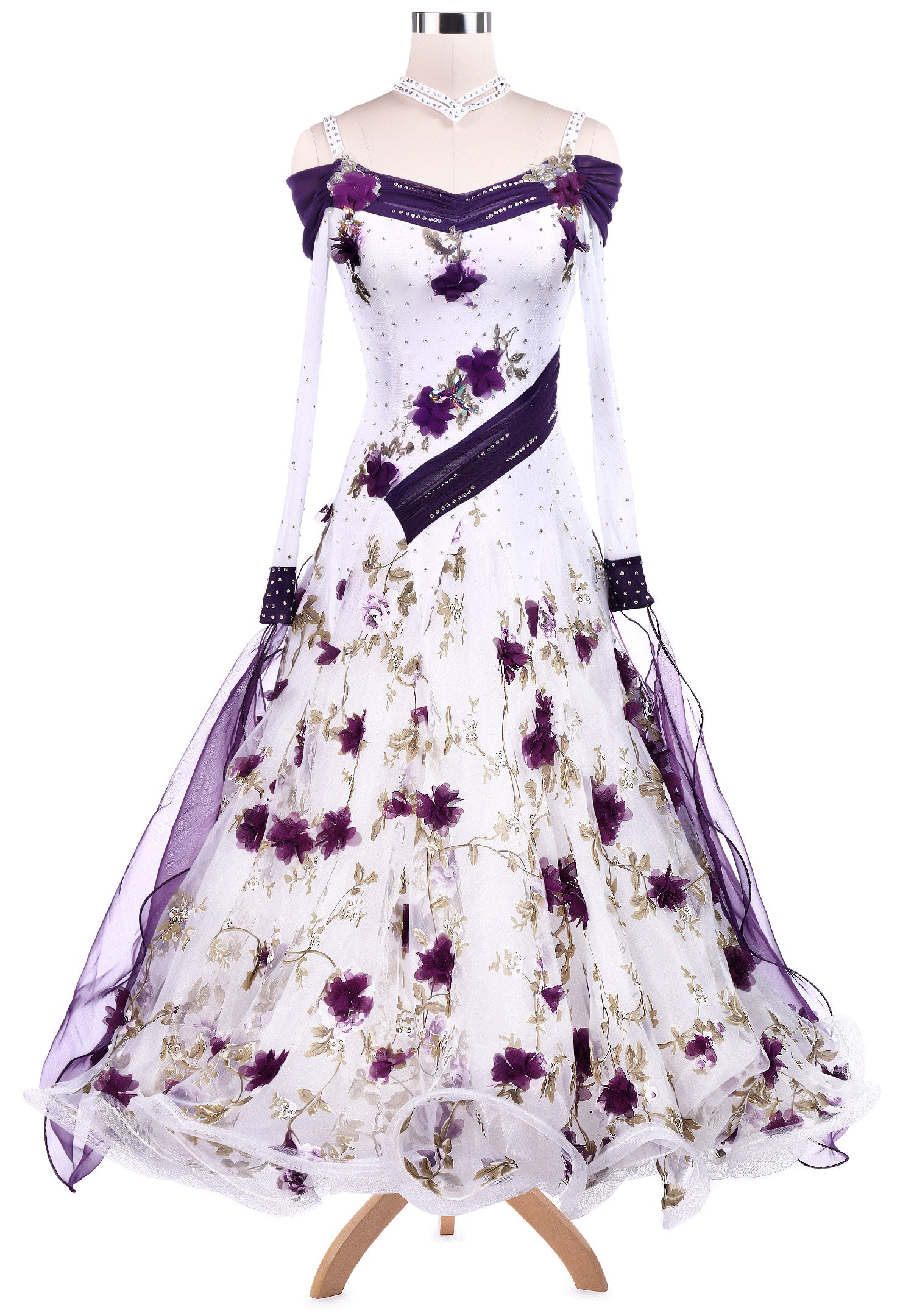 Flowery Ruched Stripe Accents Ballroom Competition Dress VN-A5230