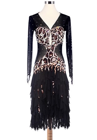 Leopard Split Frill Sheer Back Latin Dance Competition Dress VN-L5221