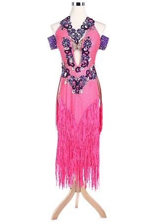 Plunging Floral Applique Cascading Fringe Latin Rhythm Dress VN-L5203