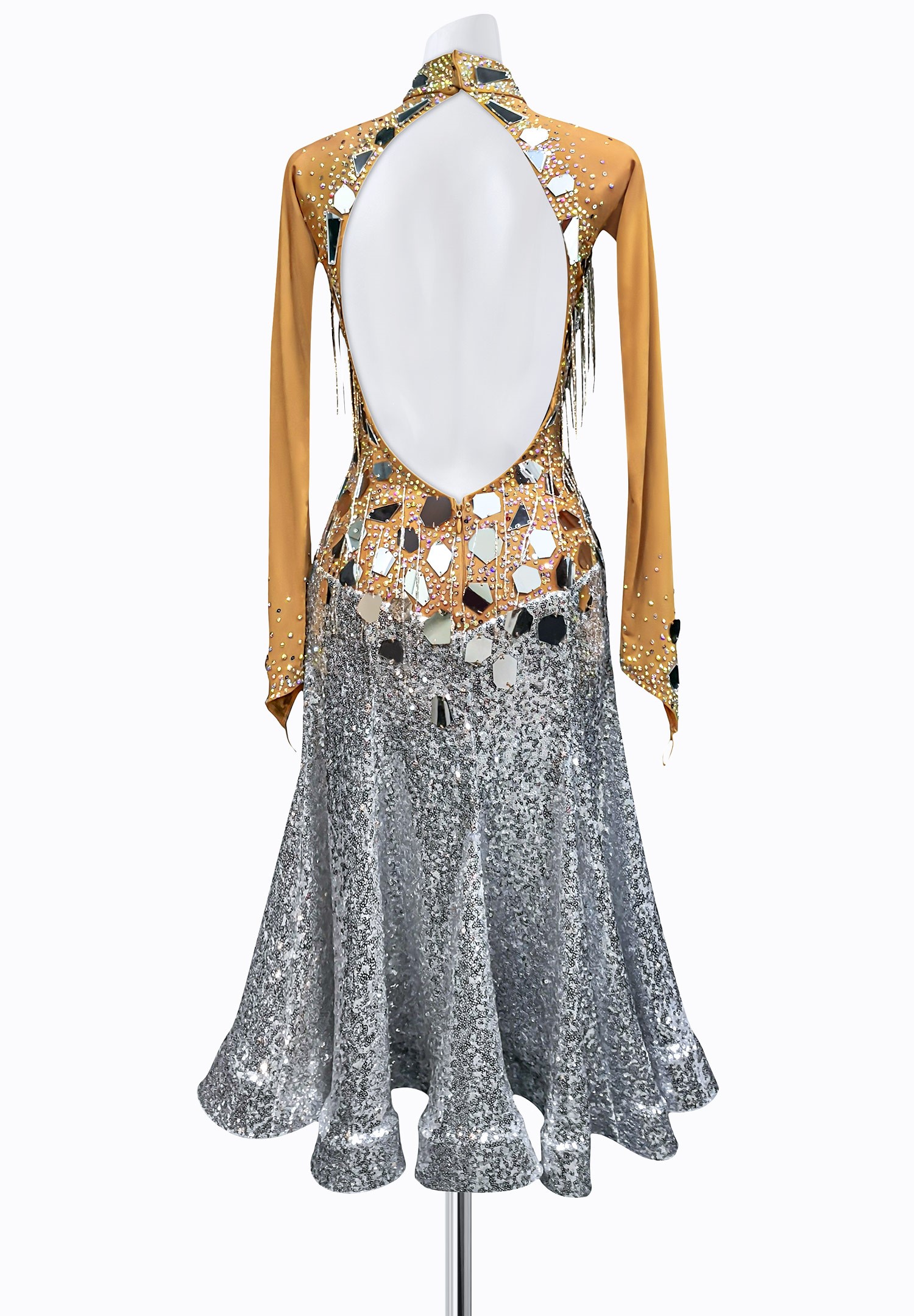 Gold Crystal Floral Lace Shiny Salsa Latin Dance Dress
