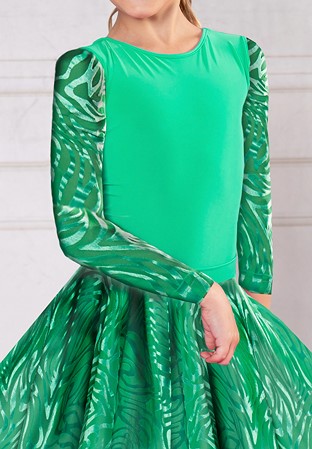 Dance America JR-B2 V - Girls Dance Bodysuit With Burnout Velvet Sleeves-Green