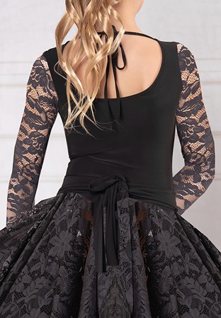 Dance America JR-B2 L - Girls Dance Bodysuit With Lace Sleeves-Black