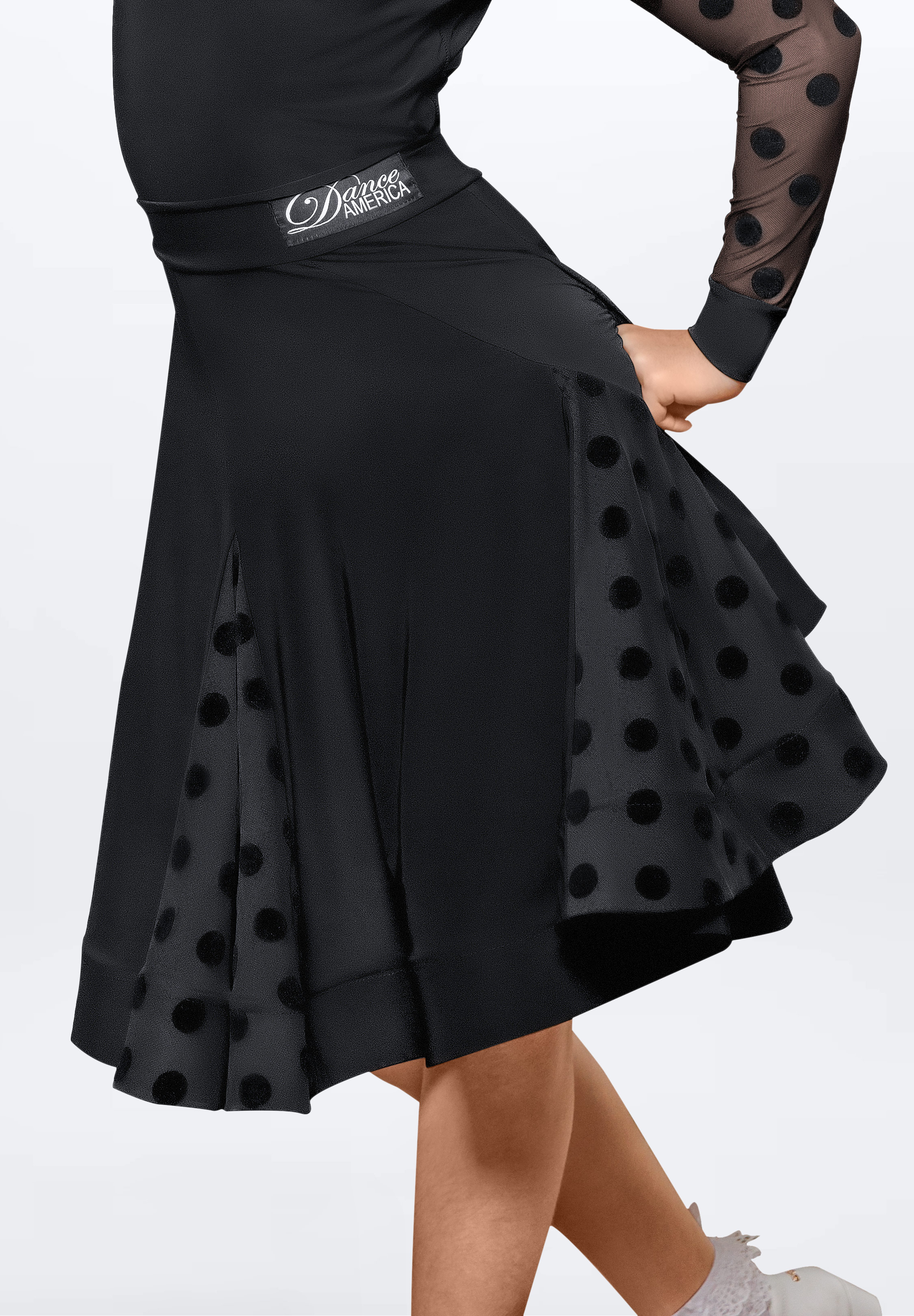 Dance America JR-S4 -Girls Dots with Godet Skirt-Black with Polka Dot Burnout