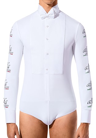 Alfa Mens Ballroom Stretch Shirt w/ Black Logo FSBL-White/Black Logo