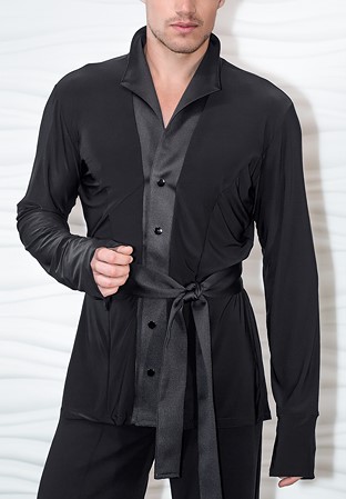 Dance America Mens Belted Kimono Latin Shirt MS27-Black