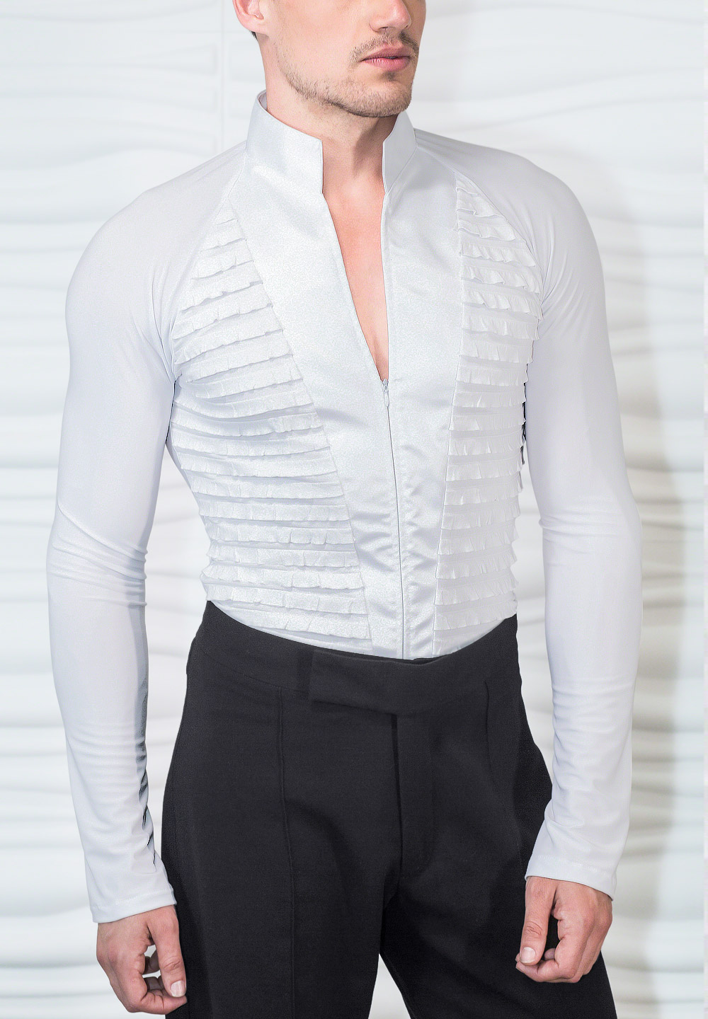 Dance America Mens High Collared TUX Latin Shirt MS28-White