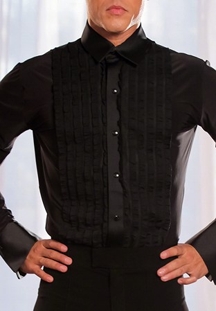 Dance America Mens Ruffled Tuxedo Latin Shirt with Trunks MS8-Black