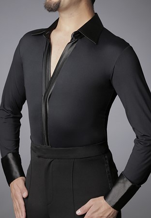 Dancemo Mens Single Collar Ballroom Shirt 92014103s-Black with Black Satin