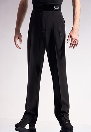 Sasuel Mens Slim Fit Latin Trousers w/ Velvet Flap Pockets-Black Gabardine
