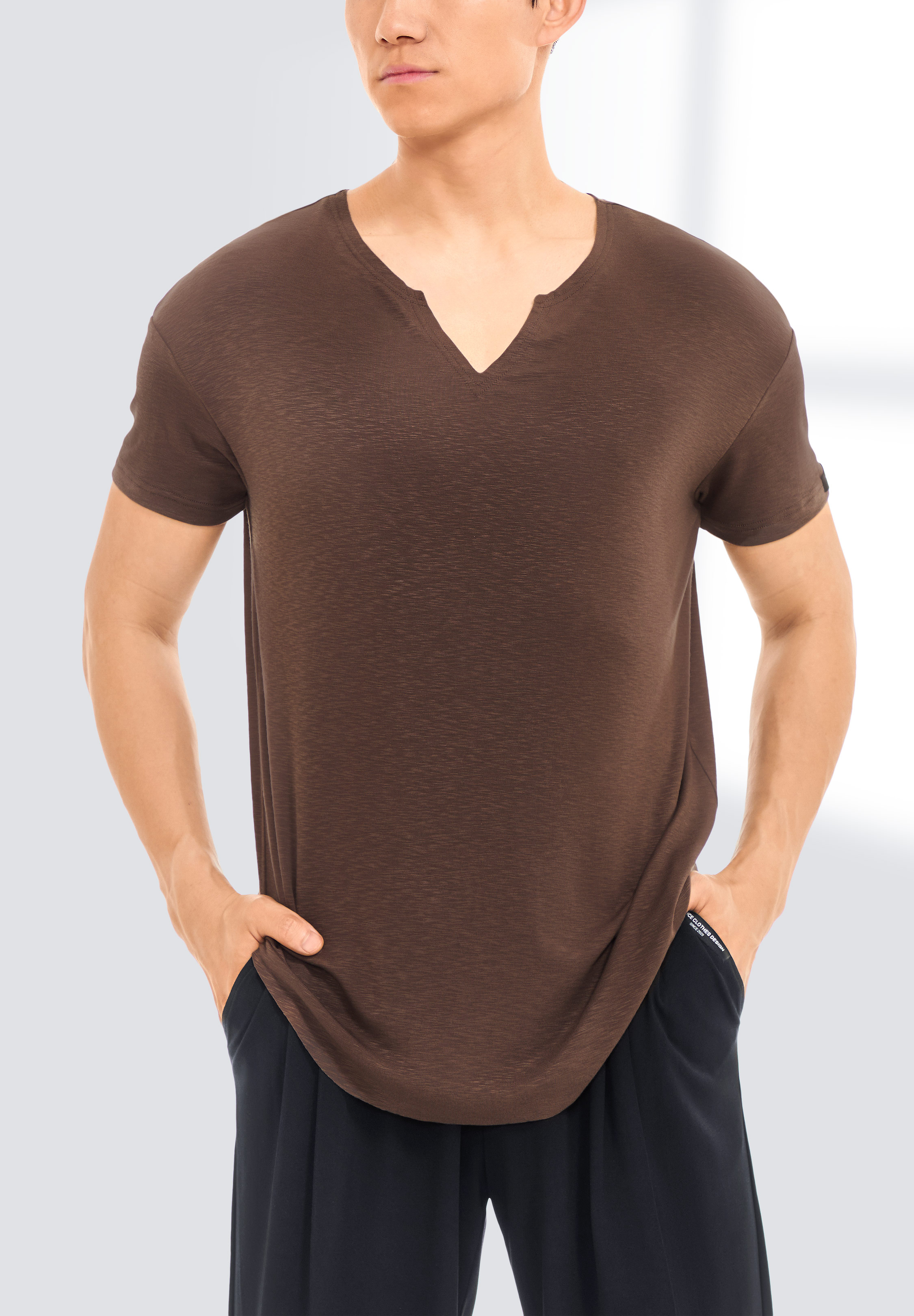 TDANCE Mens Casual V-Neck T-Shirt BS-0033-Brown