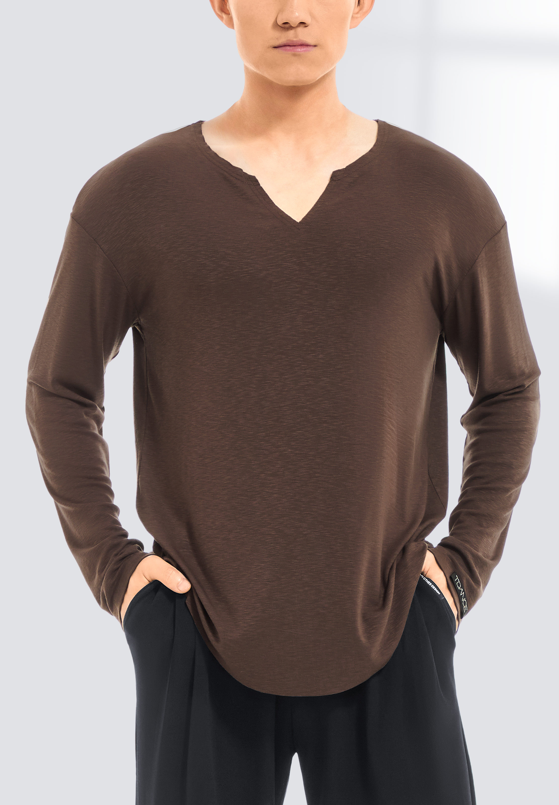 TDANCE Mens Long Sleeve V-Neck Shirt BS-0034-Brown