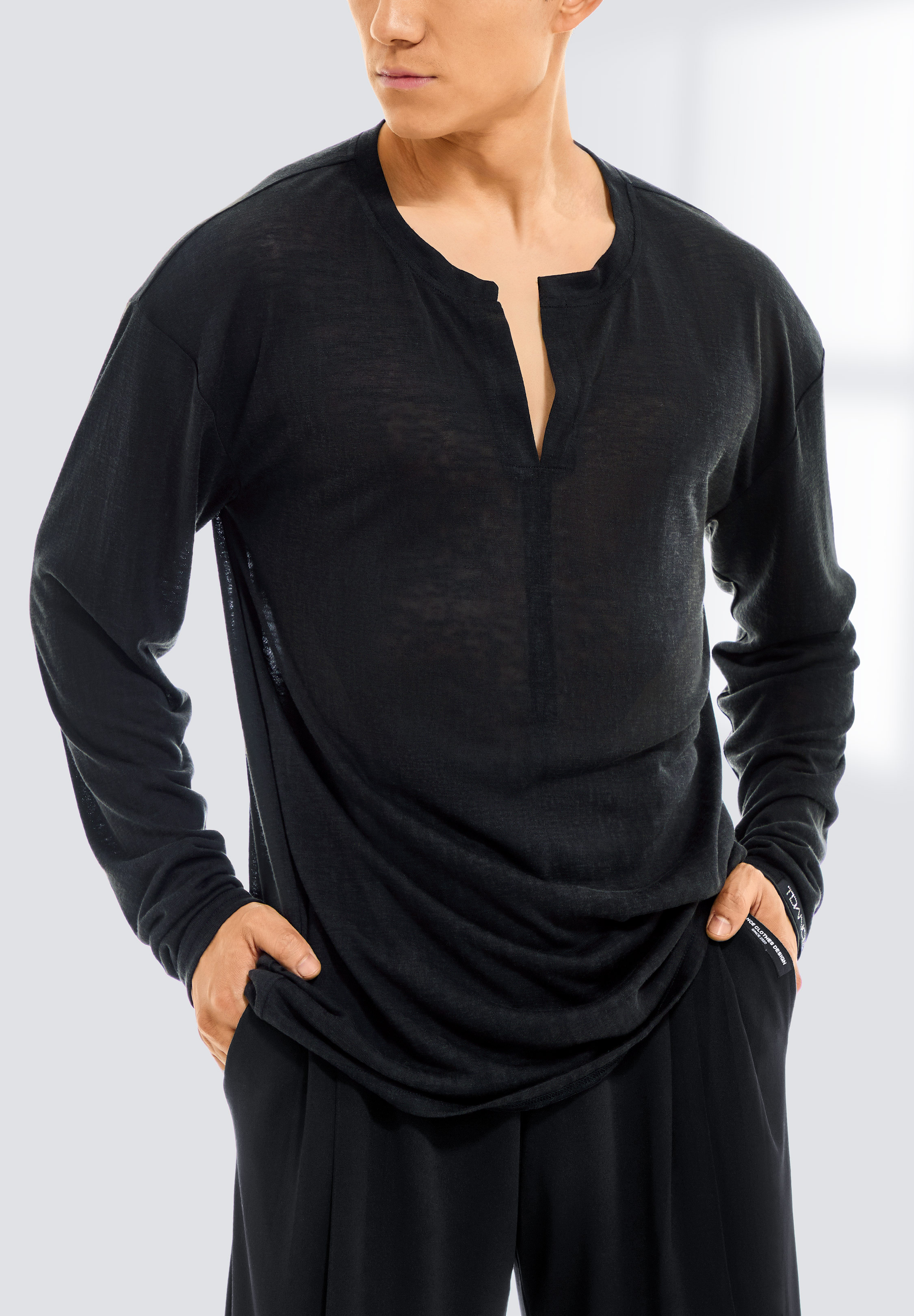 TDANCE Mens Sheer Split Neck Top BS-0041-Black