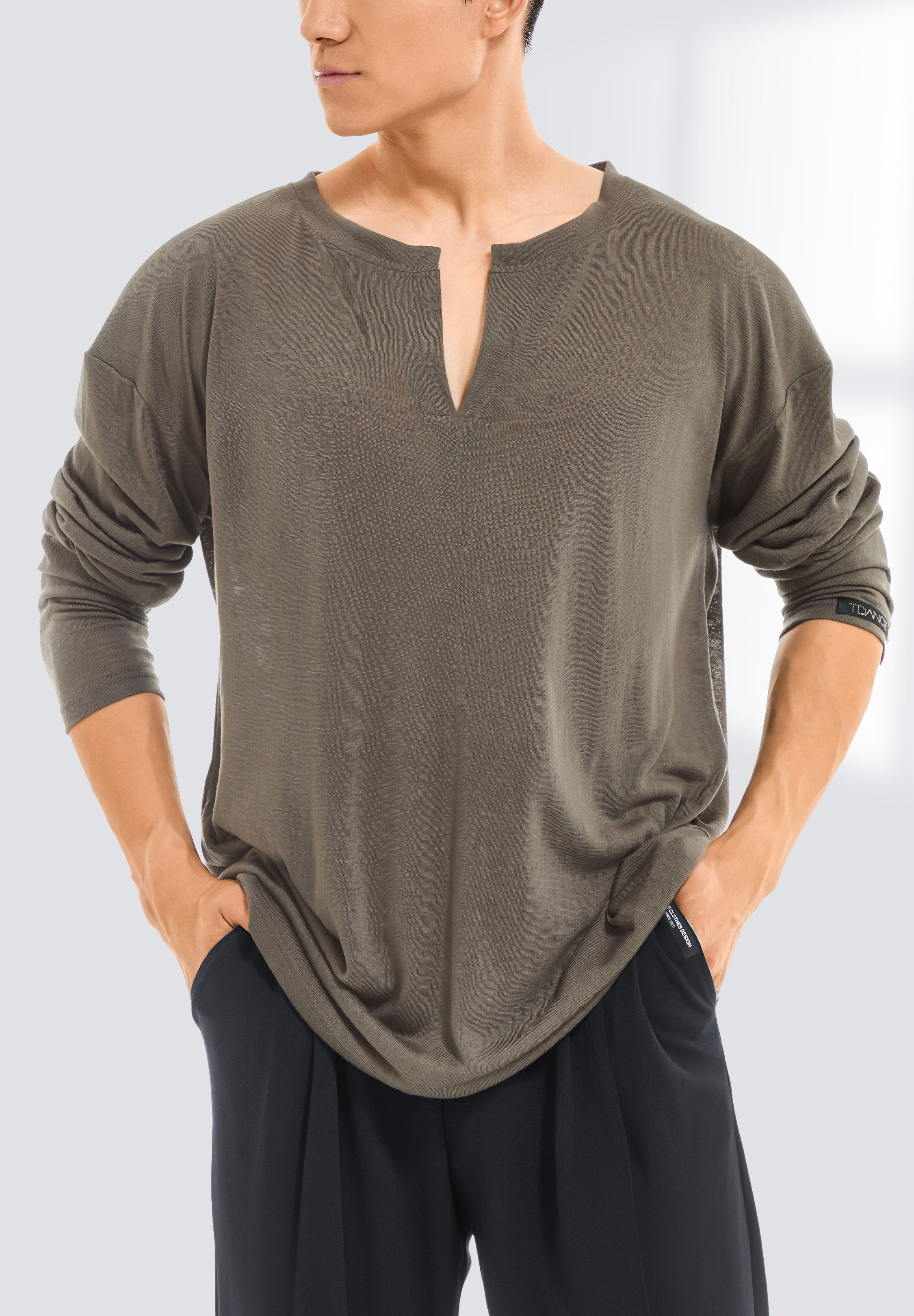 TDANCE Mens Sheer Split Neck Top BS-0041-Brown